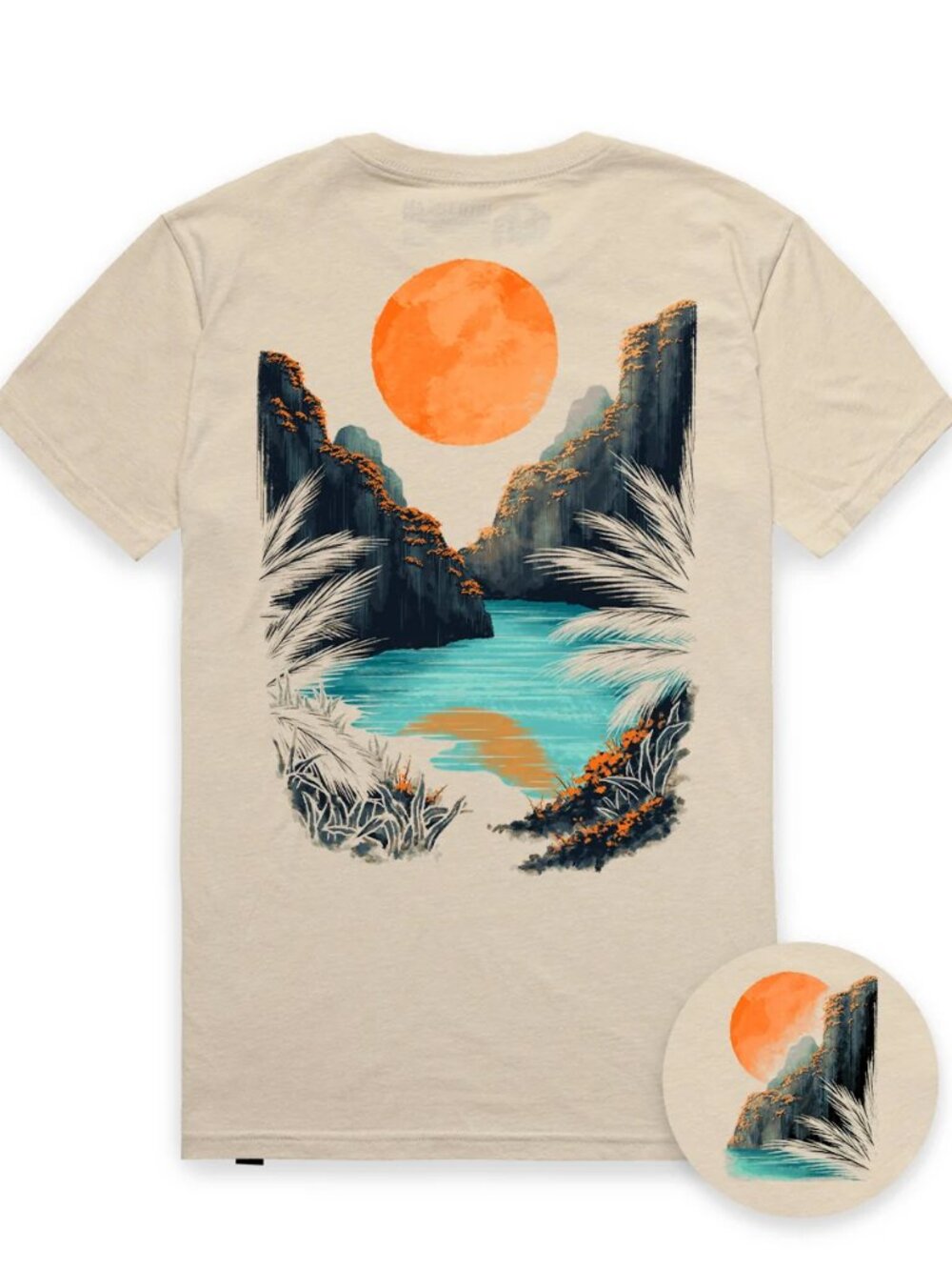 Cream Watercolor Cove Landscape Graphic Tee Sunset Nature Art Shirt